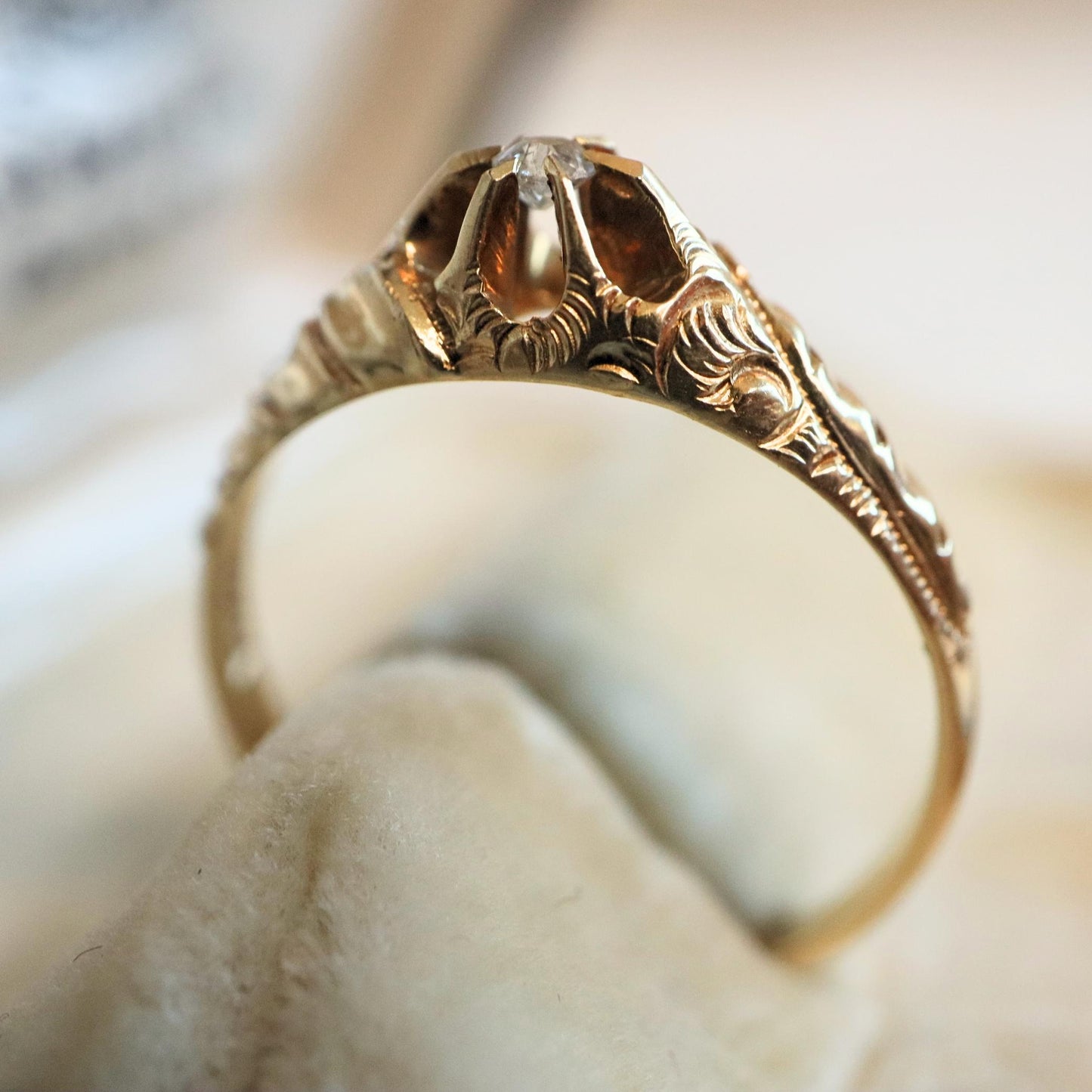 Antique Diamond 14k Yellow Gold Engraved Belcher Ring