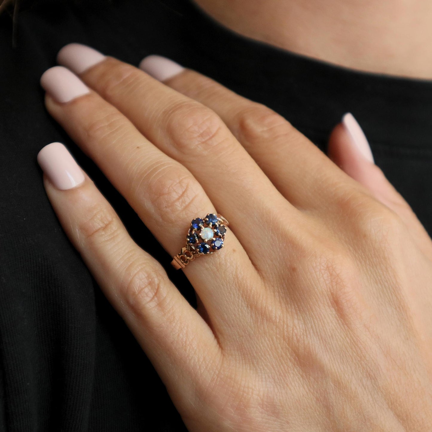 Vintage Opal Sapphire 10k Rose Gold Cluster Ring