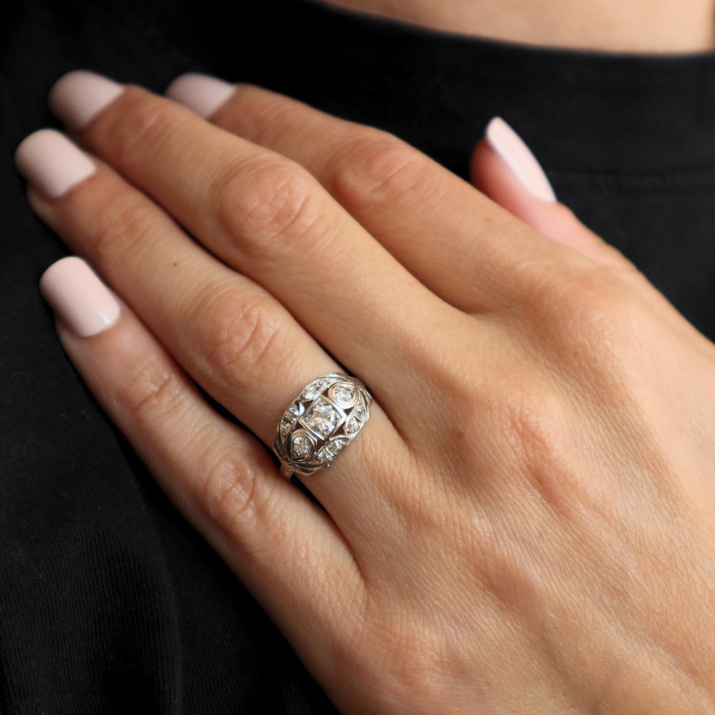 Art Deco Diamond 0.75 Carat Total Weight 14k White Gold Ring