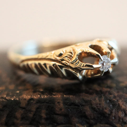 Antique Diamond 14k Yellow Gold Engraved Belcher Ring