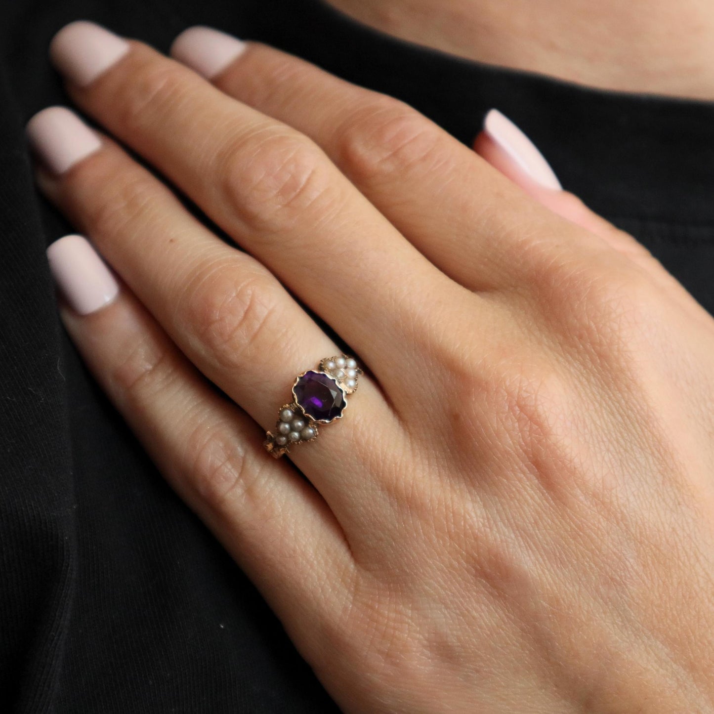Victorian Amethyst Seed Pearl 14k Antique Gold Ring