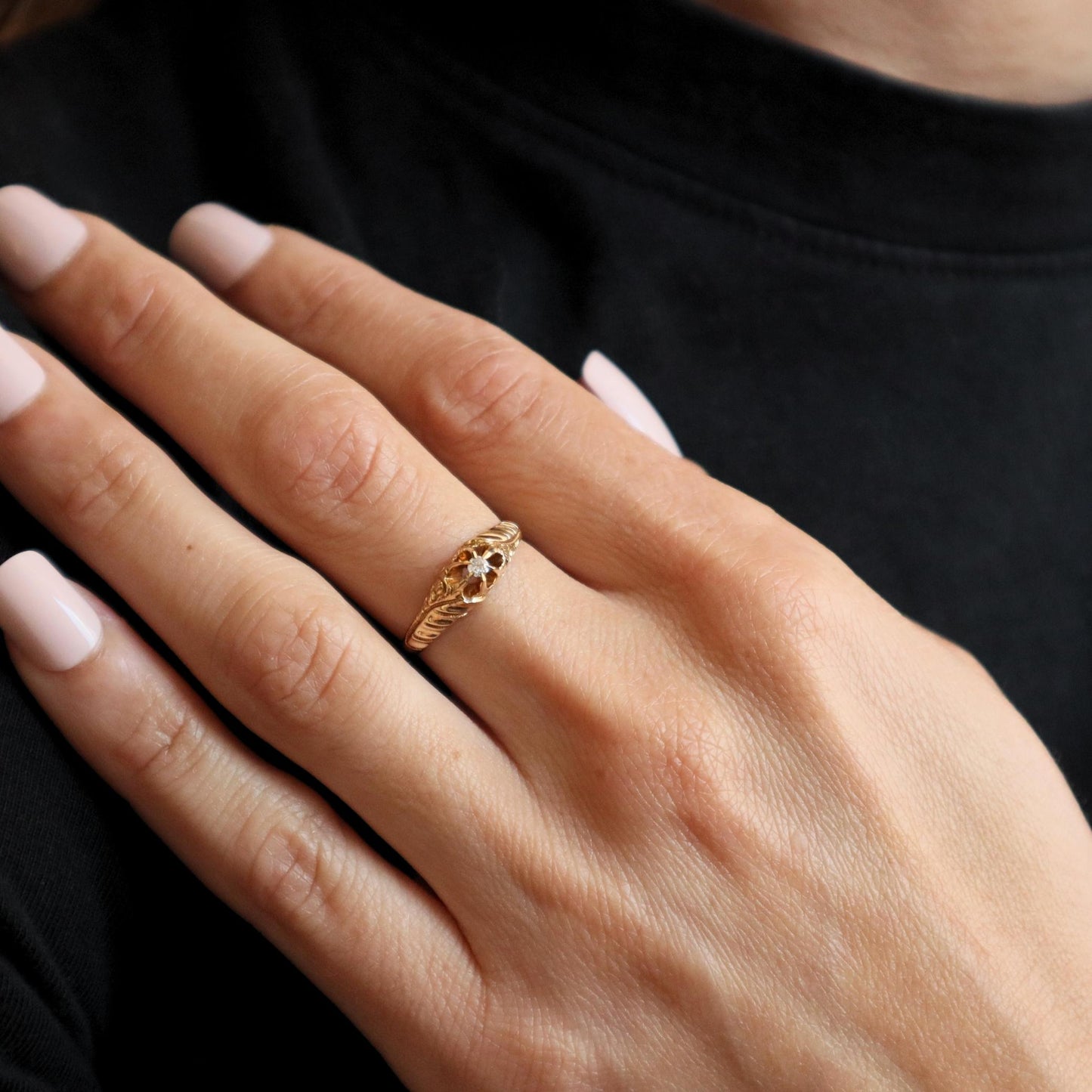 Antique Diamond 14k Yellow Gold Engraved Belcher Ring