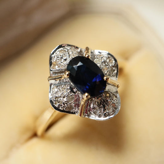 Late Art Deco Sapphire Diamond 14k Two Tone Quatrefoil Ring