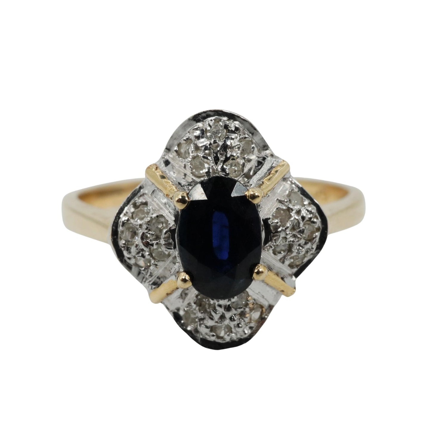 Late Art Deco Sapphire Diamond 14k Two Tone Quatrefoil Ring
