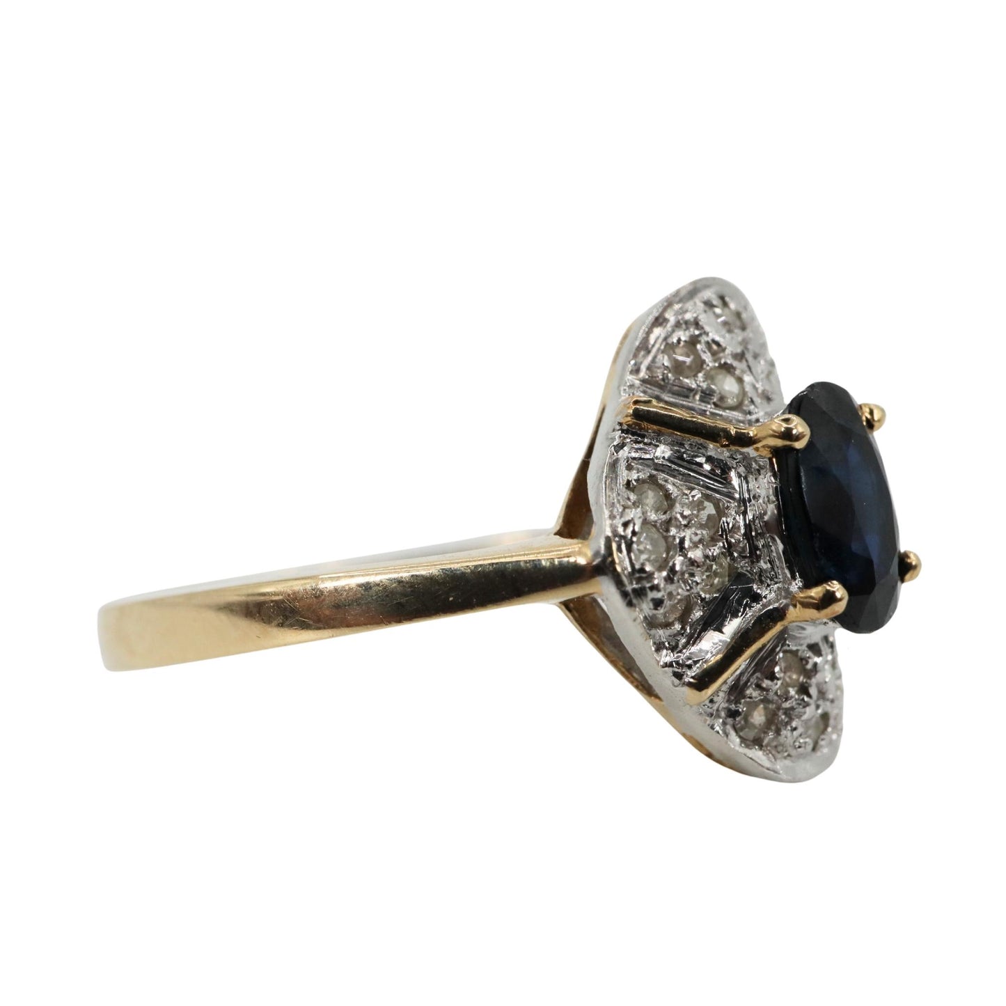 Late Art Deco Sapphire Diamond 14k Two Tone Quatrefoil Ring