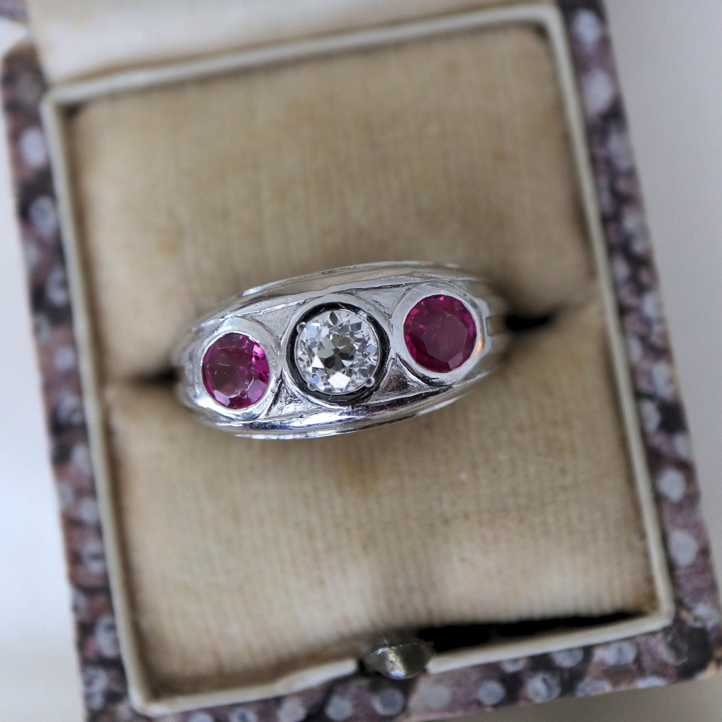 Art Deco Ruby Diamond Platinum Three Stone Ring