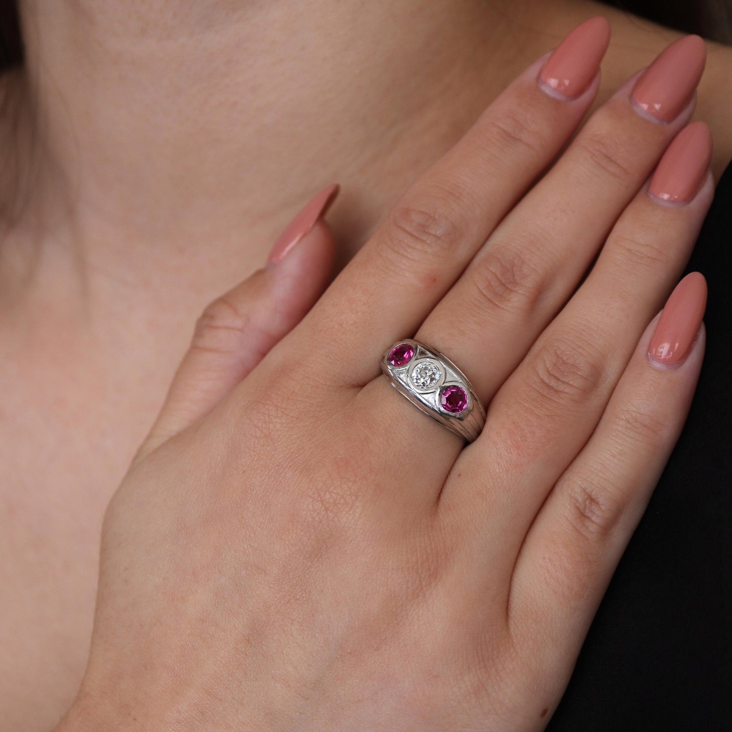 Art Deco Ruby Diamond Platinum Three Stone Ring