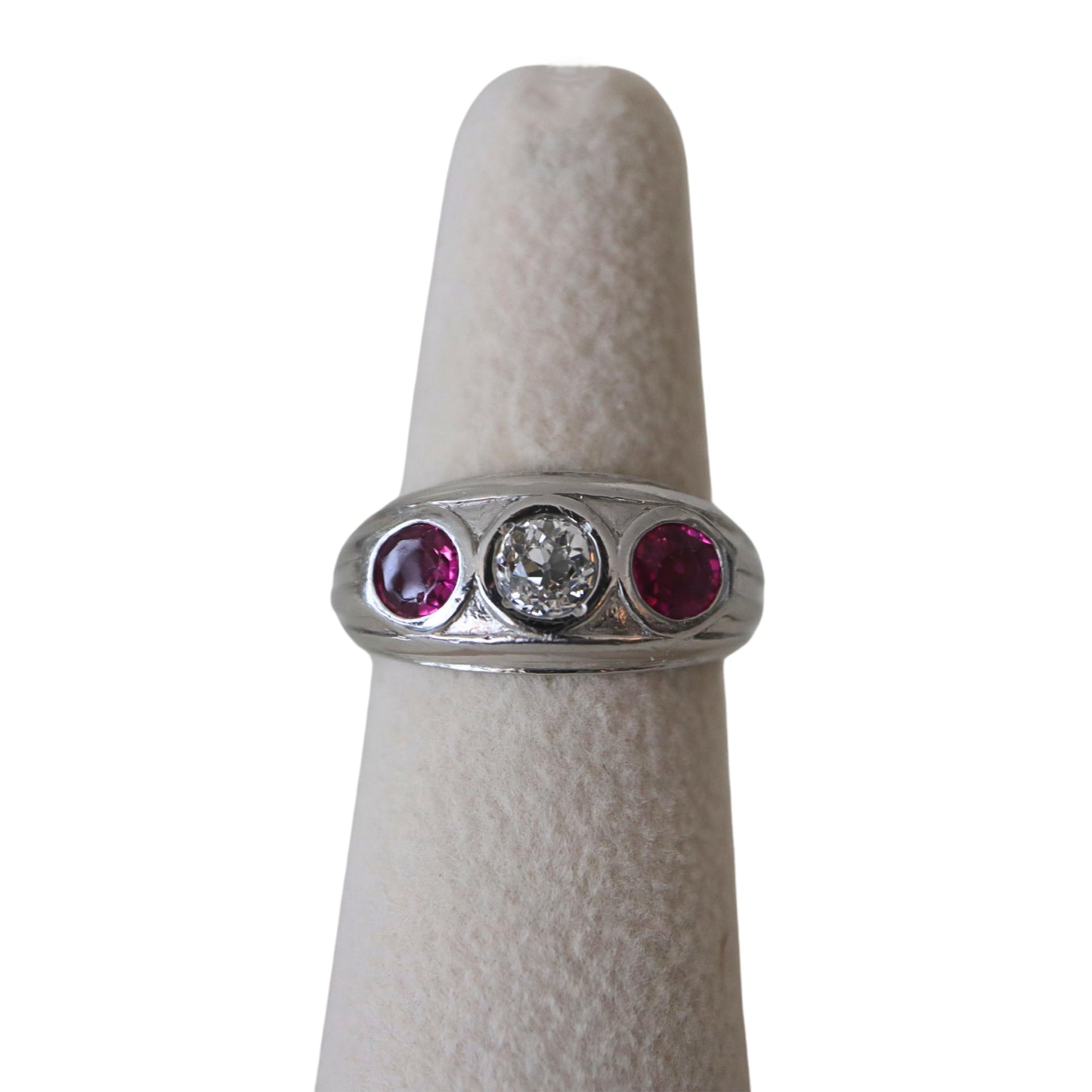 Art Deco Ruby Diamond Platinum Three Stone Ring