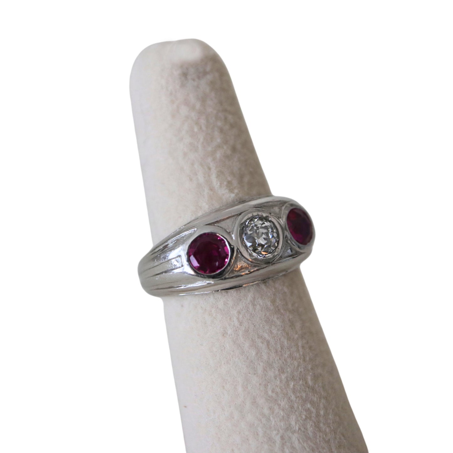Art Deco Ruby Diamond Platinum Three Stone Ring