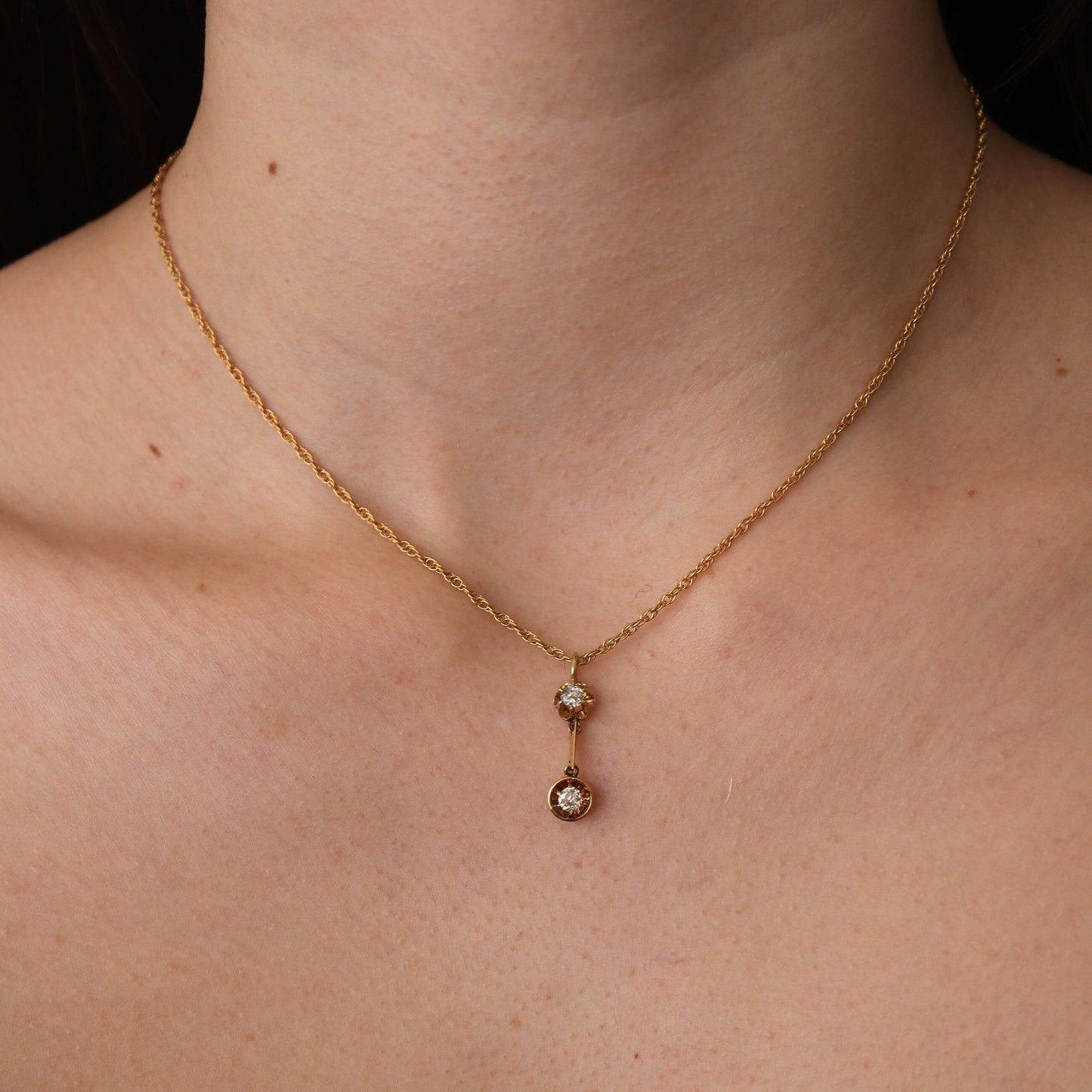 Antique Diamond 14k Yellow Gold Buttercup Pendant Necklace