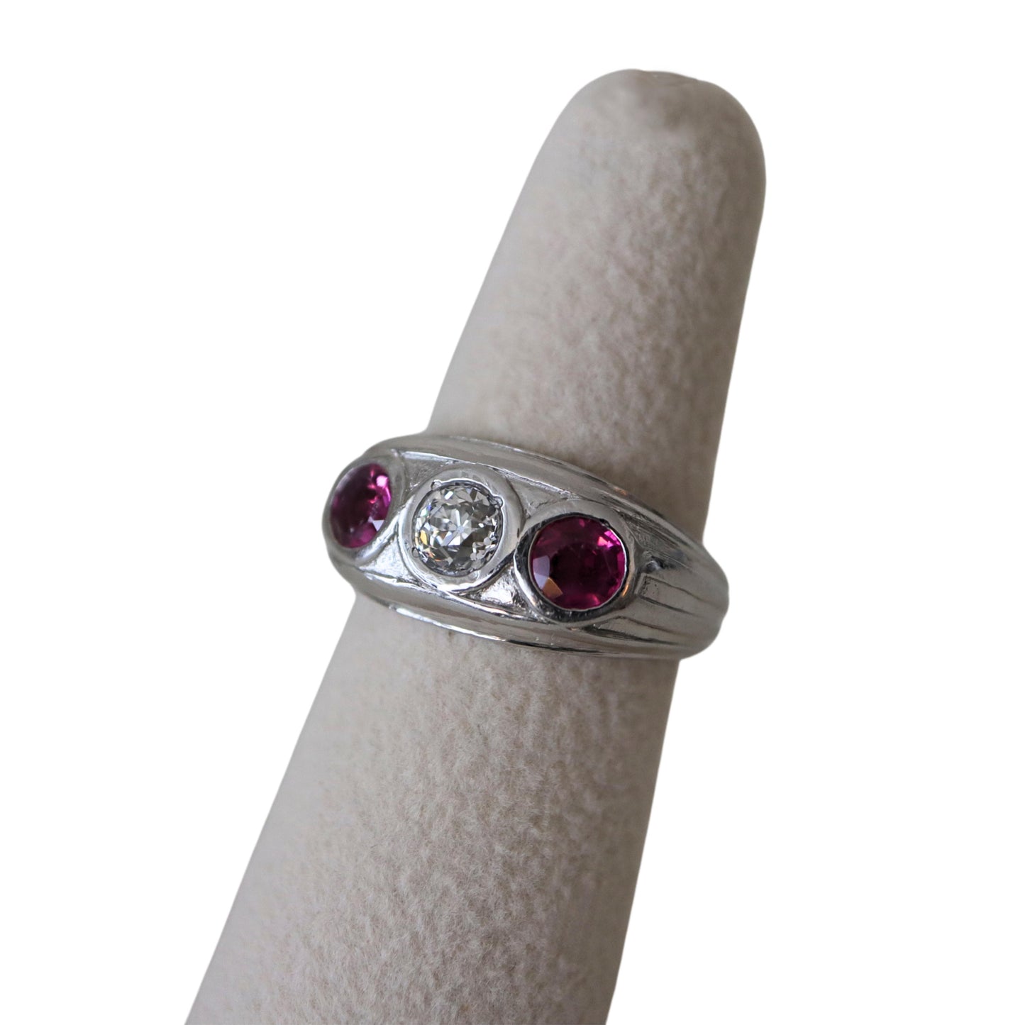 Art Deco Ruby Diamond Platinum Three Stone Ring