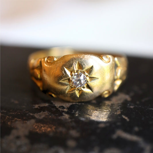 Old cut diamond yellow gold starburst ring with English hallmarks