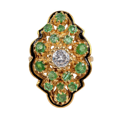 Vintage Diamond Emerald Enamel 14k Yellow Gold Cluster Ring