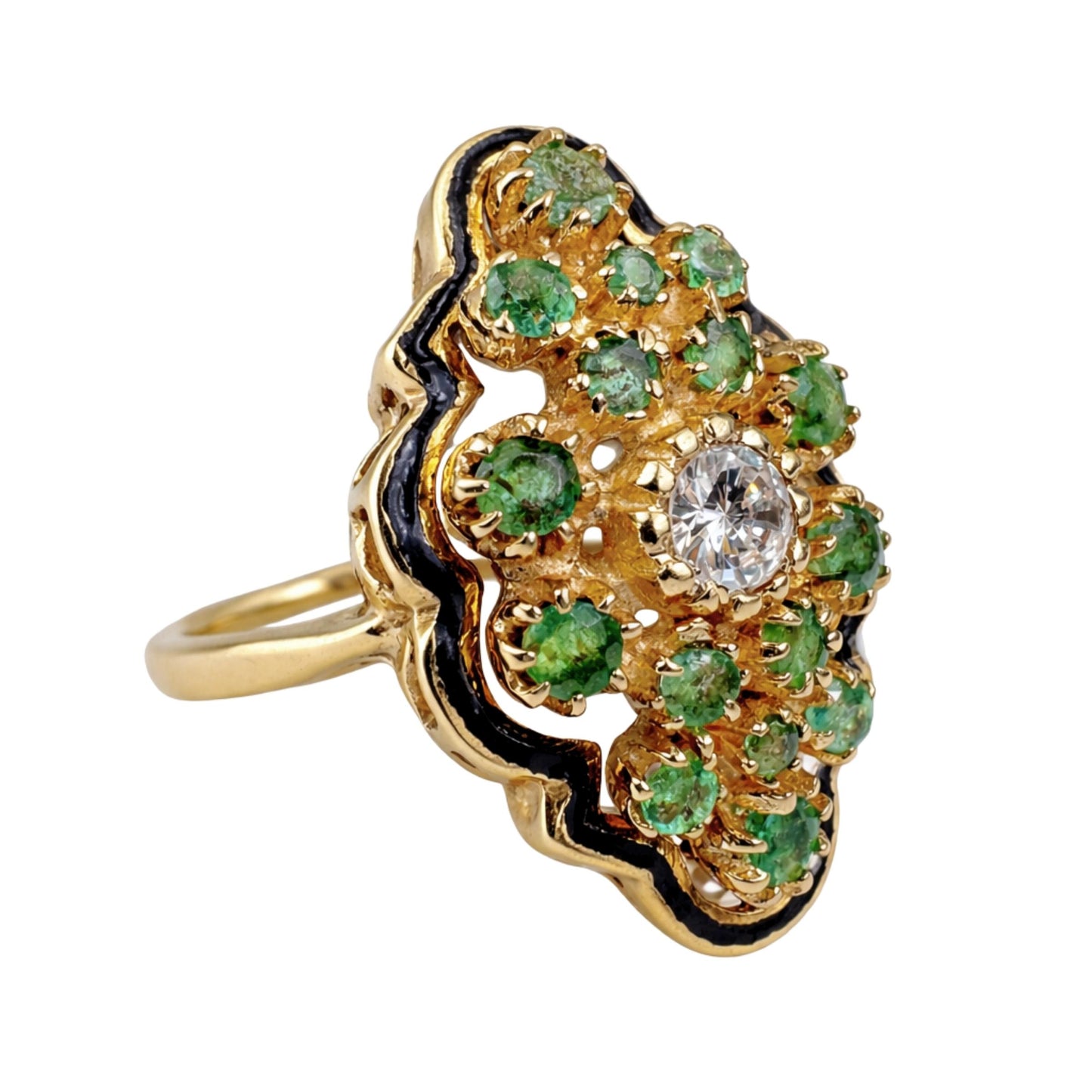 Vintage Diamond Emerald Enamel 14k Yellow Gold Cluster Ring