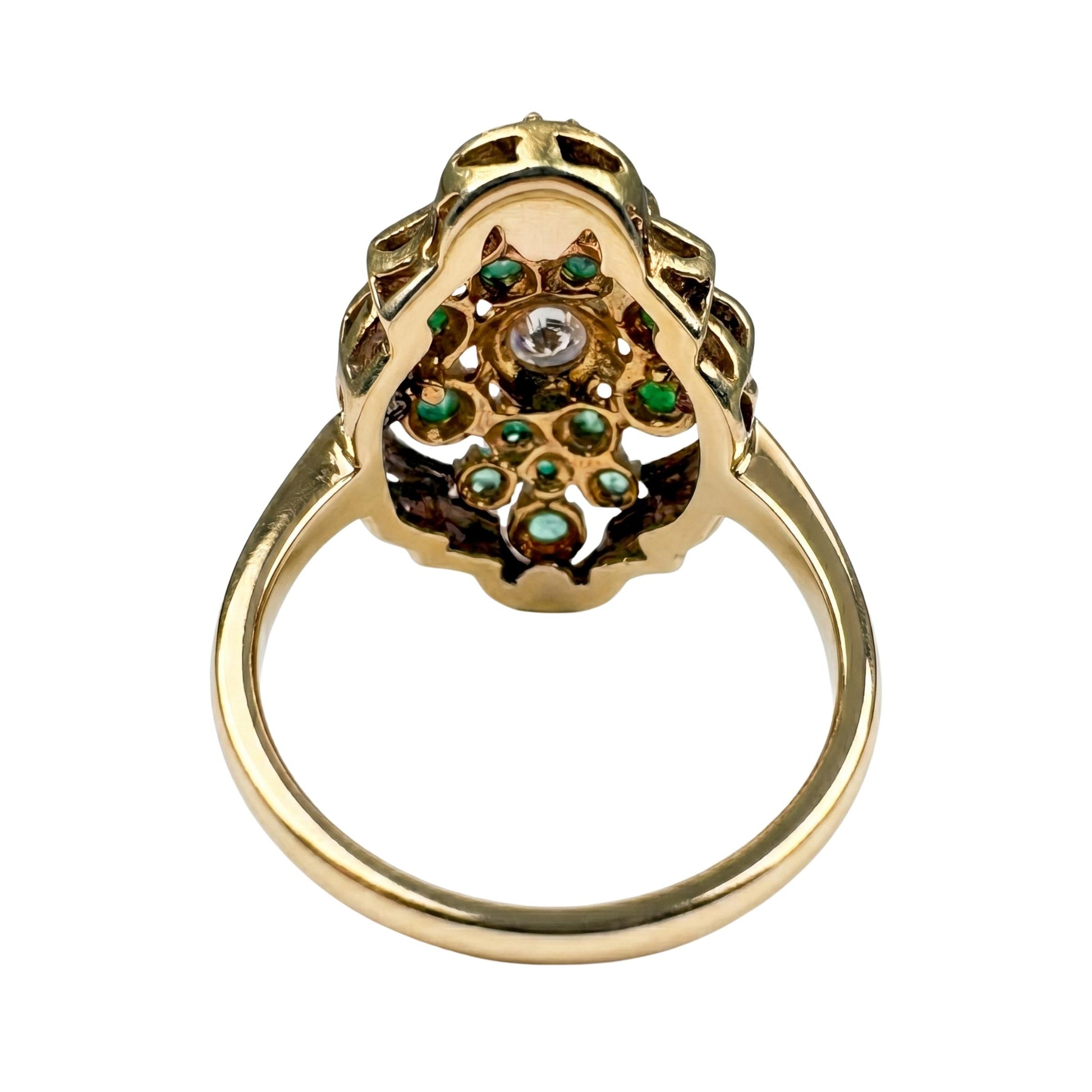 Vintage Diamond Emerald Enamel 14k Yellow Gold Cluster Ring