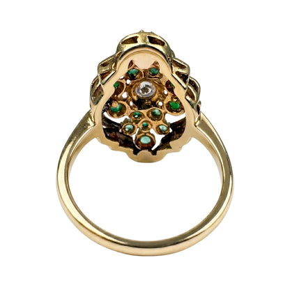 Vintage Diamond Emerald Enamel 14k Yellow Gold Cluster Ring