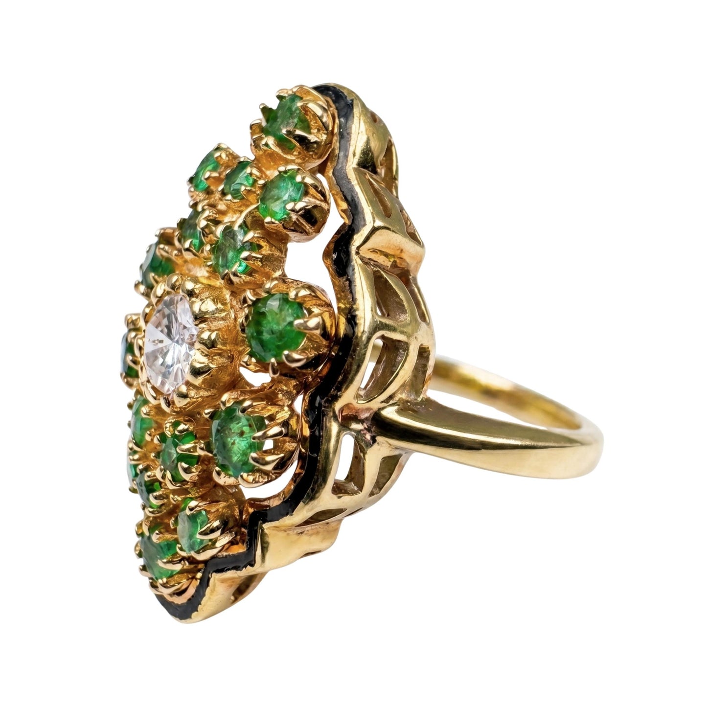 Vintage Diamond Emerald Enamel 14k Yellow Gold Cluster Ring
