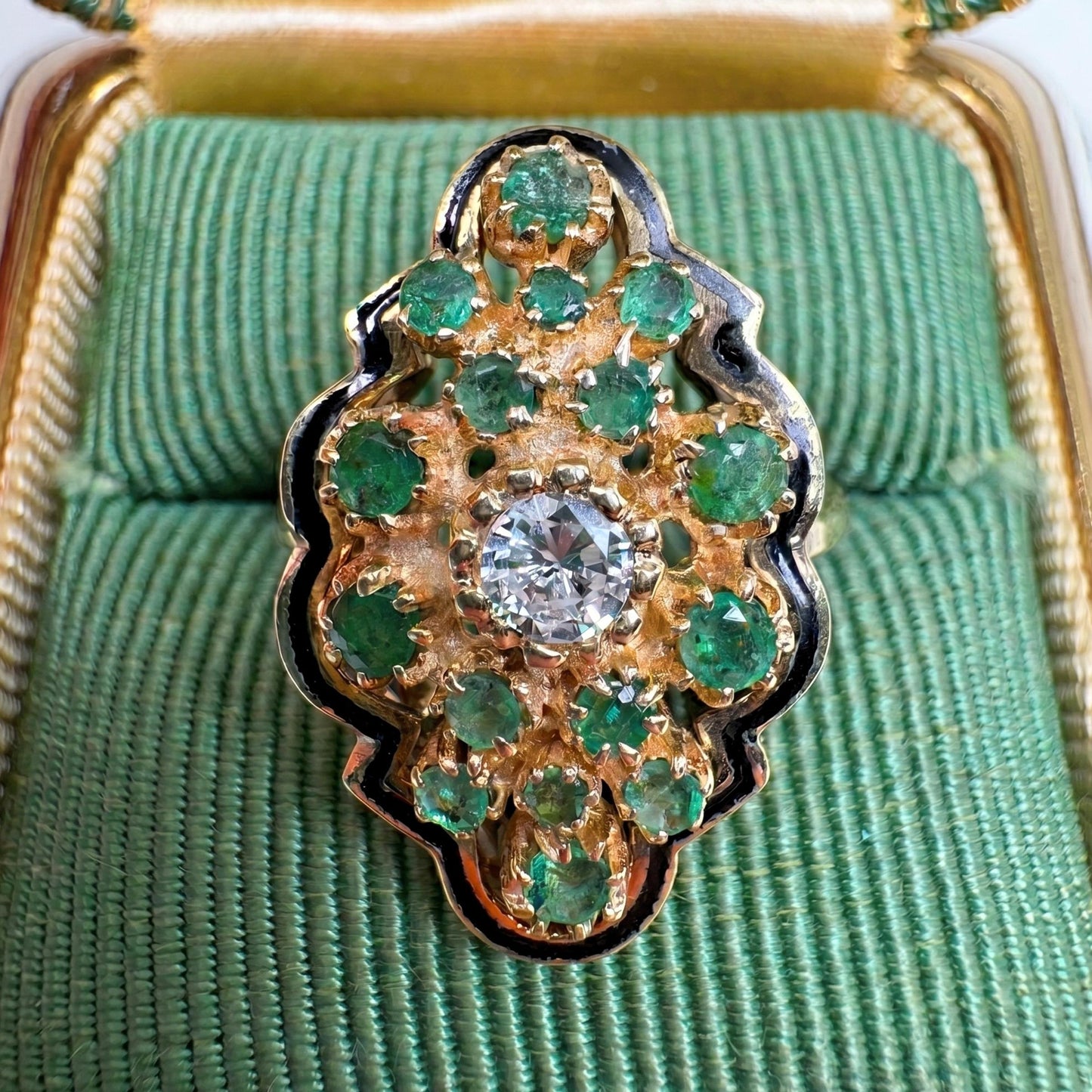 Vintage Diamond Emerald Enamel 14k Yellow Gold Cluster Ring