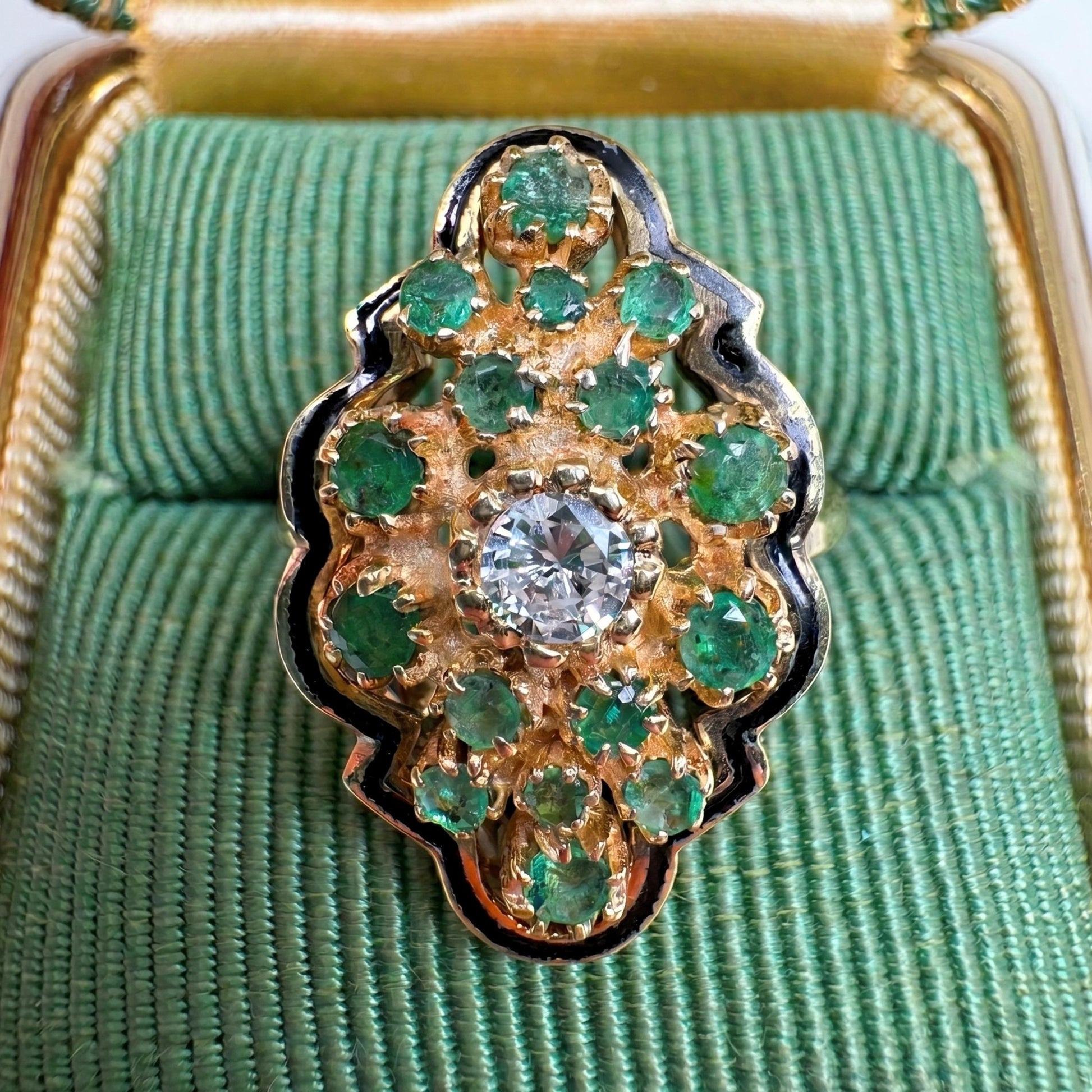 Vintage Diamond Emerald Enamel 14k Yellow Gold Cluster Ring