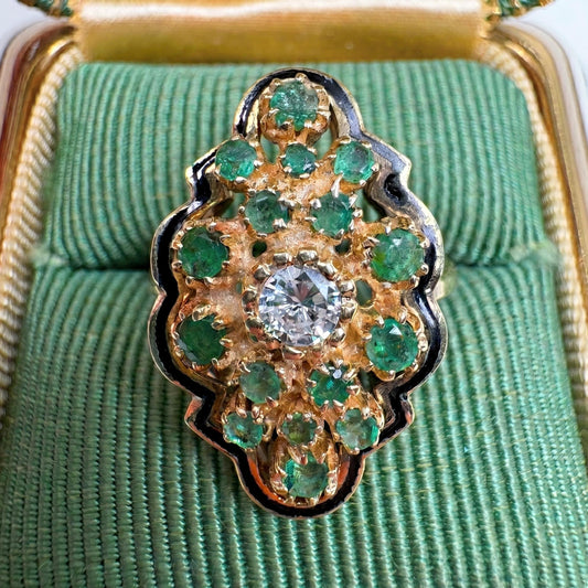 Vintage Diamond Emerald Enamel 14k Yellow Gold Cluster Ring