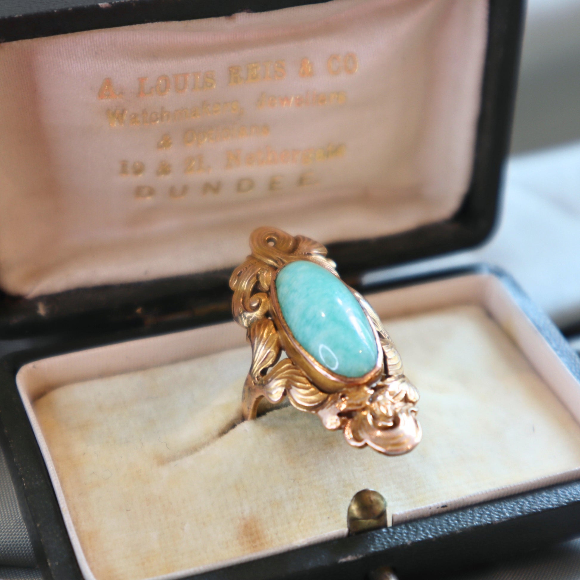 Art Nouveau Amazonite 10k Yellow Gold Ring