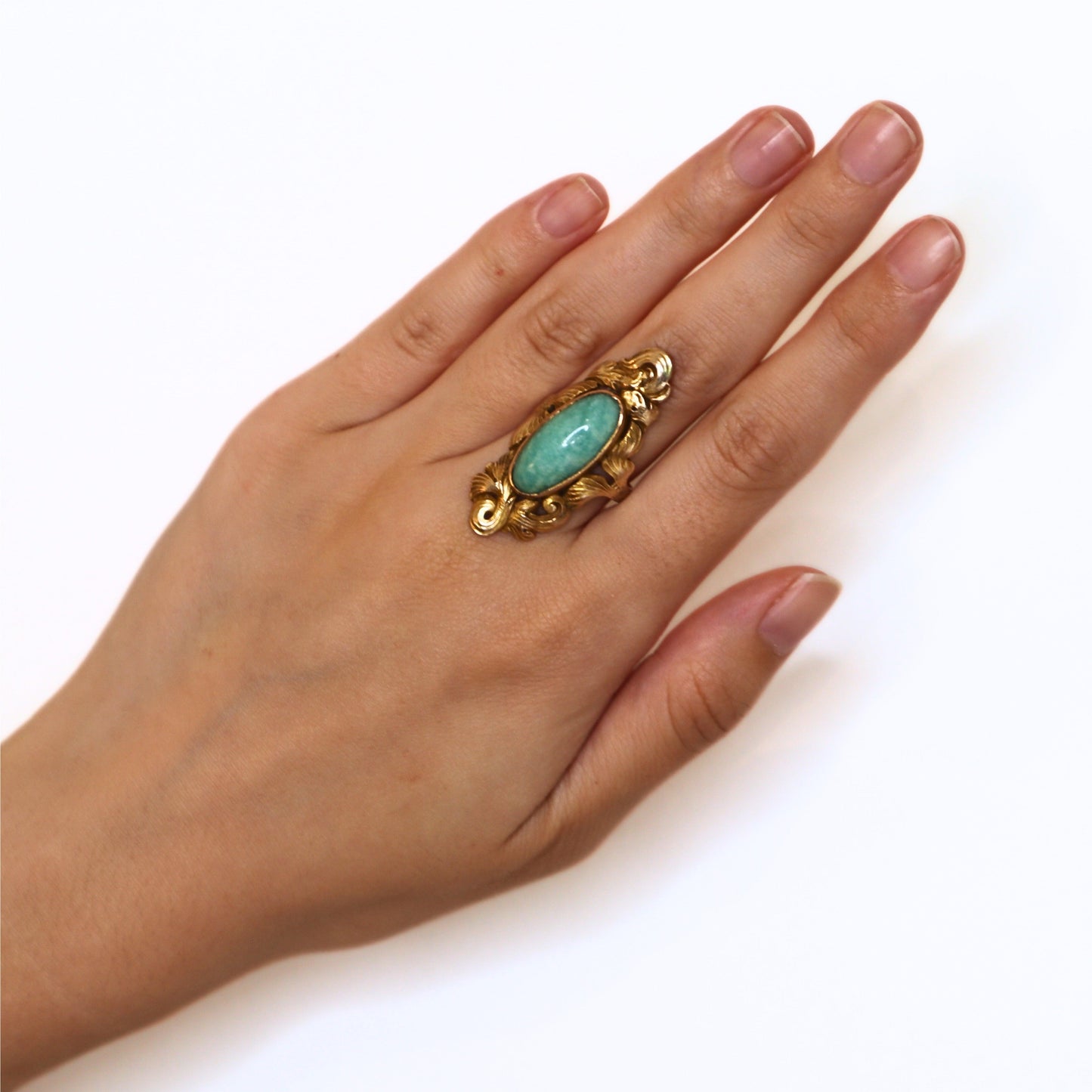 Art Nouveau Amazonite 10k Yellow Gold Ring