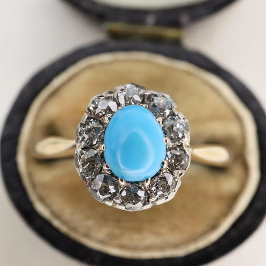 Late Victorian Turquoise Diamond 14k Yellow Gold Silver Cluster Ring