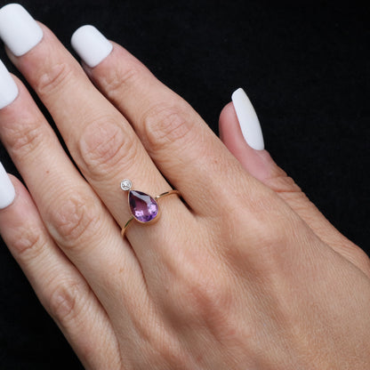 Victorian Amethyst Diamond 14k Yellow Gold Stick Pin Ring