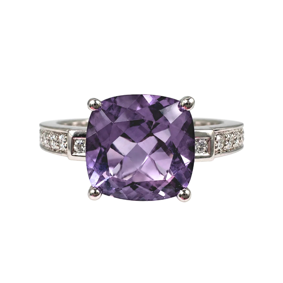 Contemporary Amethyst Diamond 14k White Gold Ring