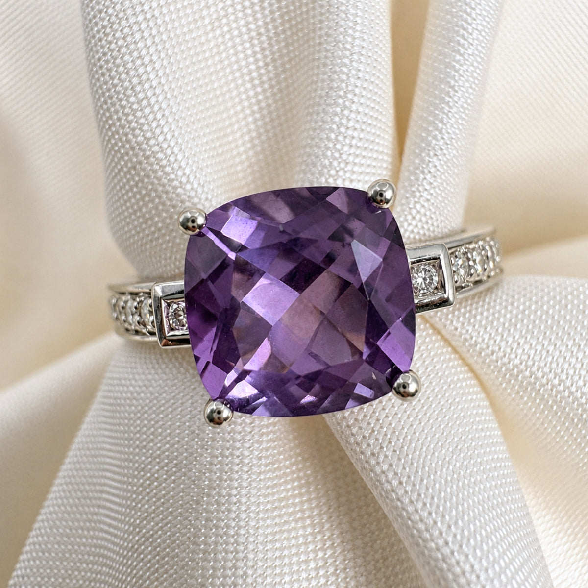Contemporary Amethyst Diamond 14k White Gold Ring