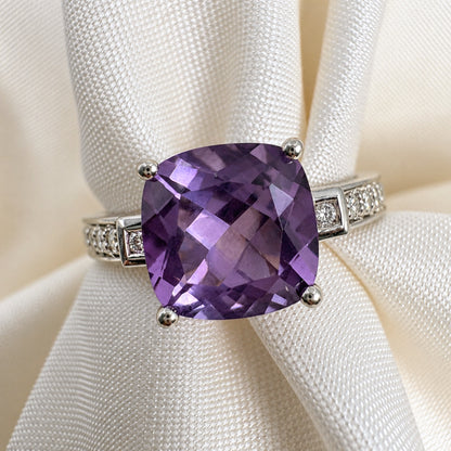 Contemporary Amethyst Diamond 14k White Gold Ring