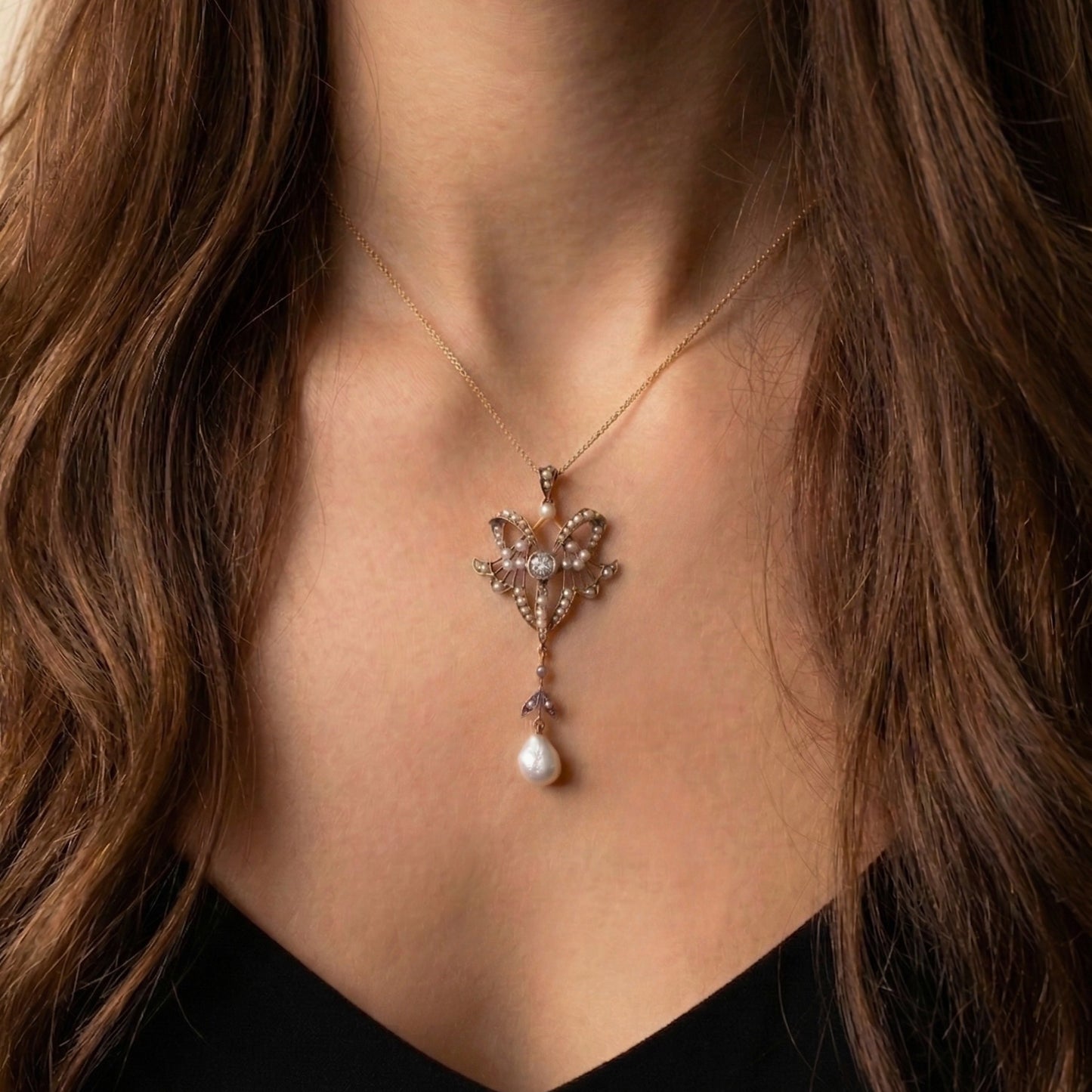 Victorian Diamond Pearl 14k Yellow Gold Lavalier Pendant