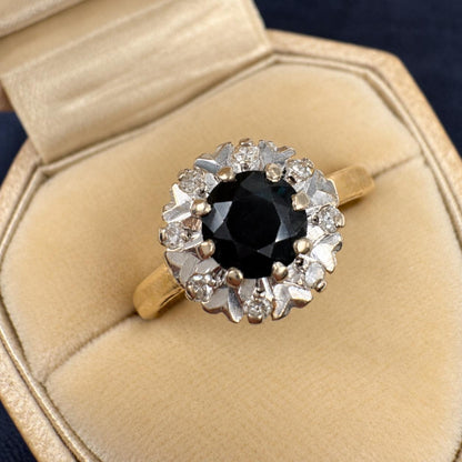 Mid Century English Sapphire Diamond 18k Cluster Ring