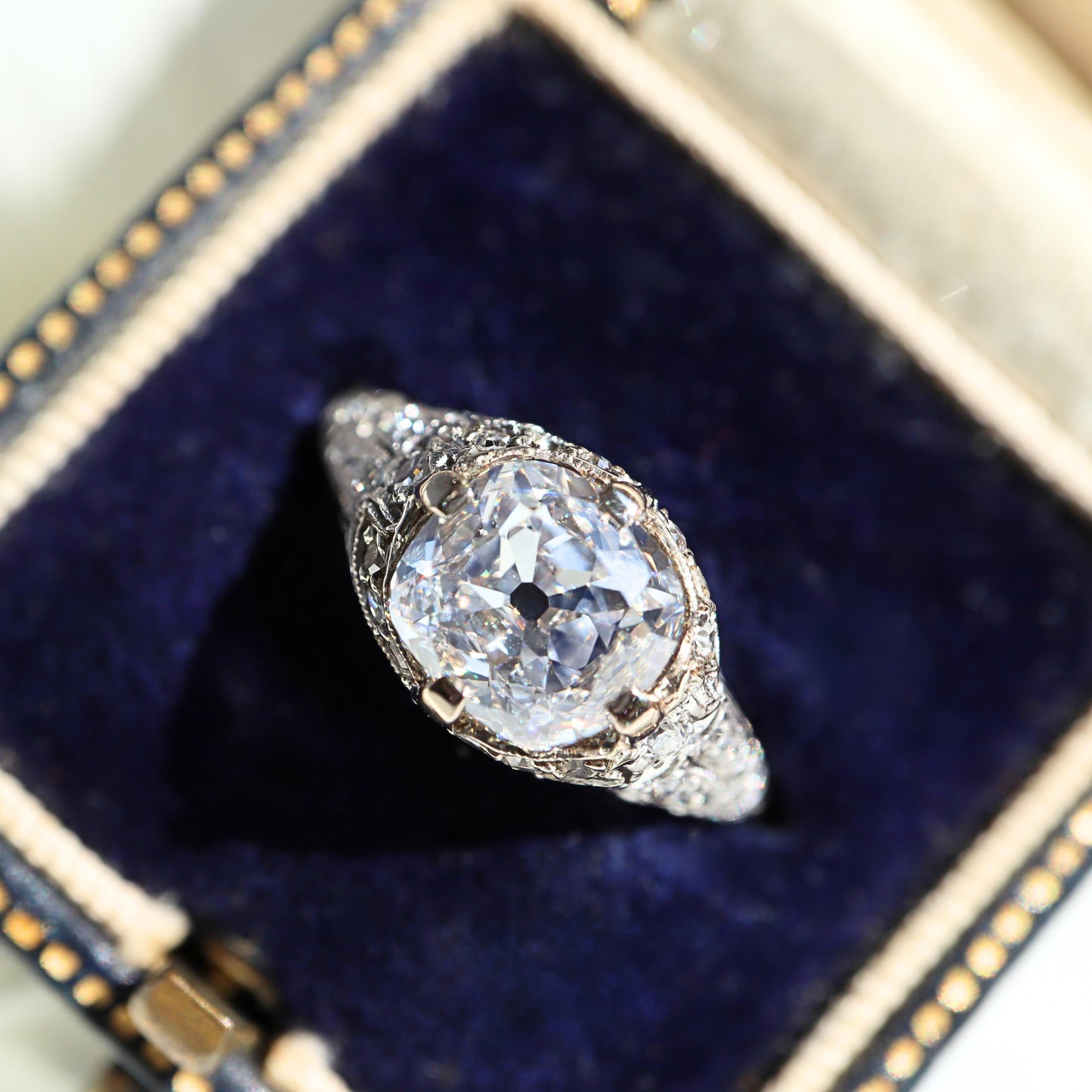 Antique GIA 2.02 Carat Cushion Cut Diamond Platinum Ring