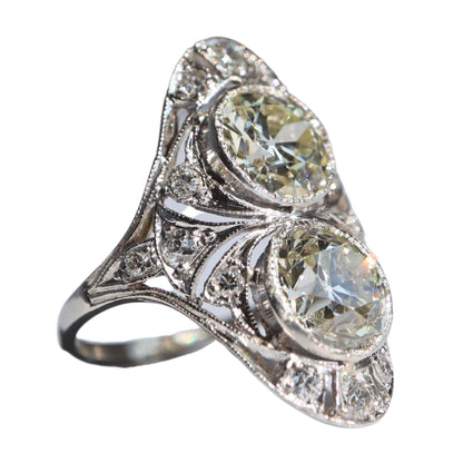 Antique GIA 4.25 Carat Total Weight Diamond Platinum Toi et Moi Ring