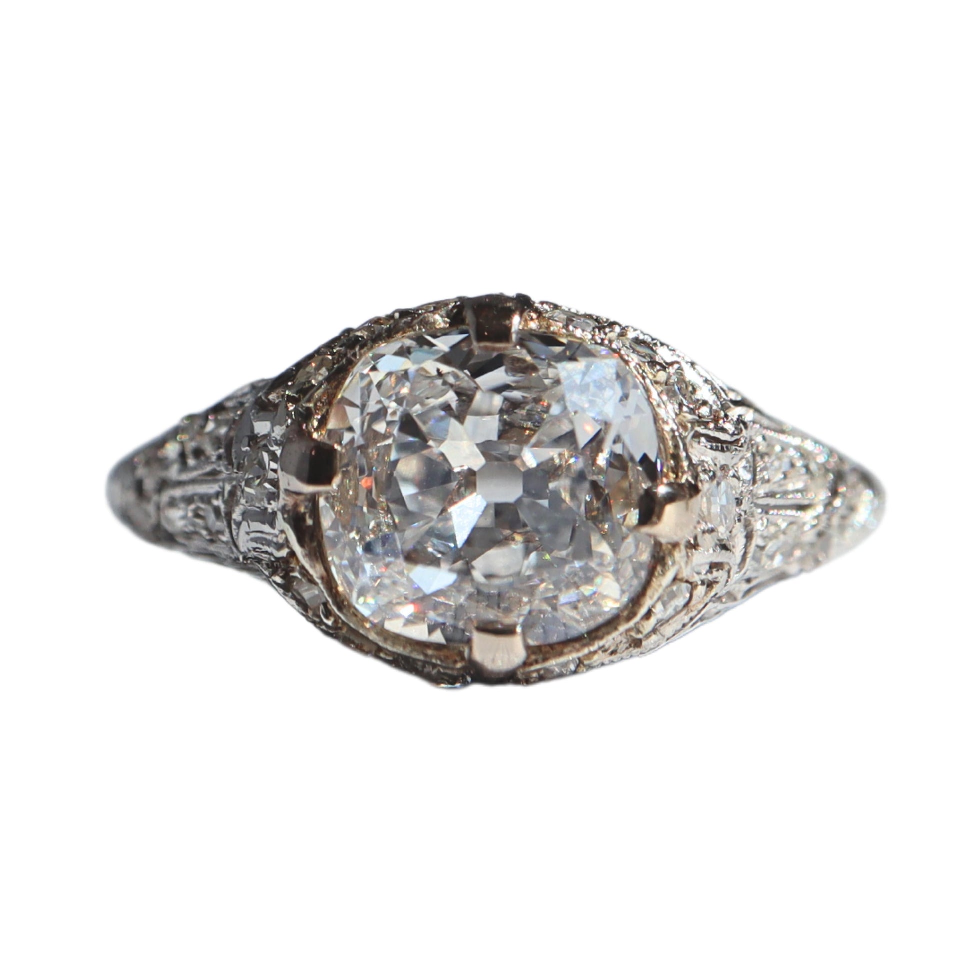 Antique GIA 2.02 Carat Cushion Cut Diamond Platinum Ring