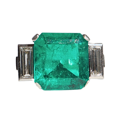 Late Art Deco AGL 4.52 Carat Colombian Emerald Platinum Ring