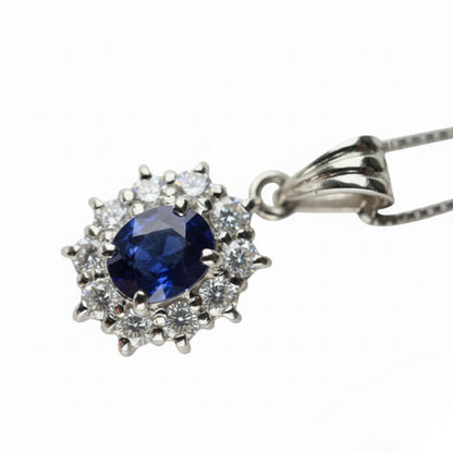 Vintage Sapphire Diamond Platinum Halo Pendant Necklace