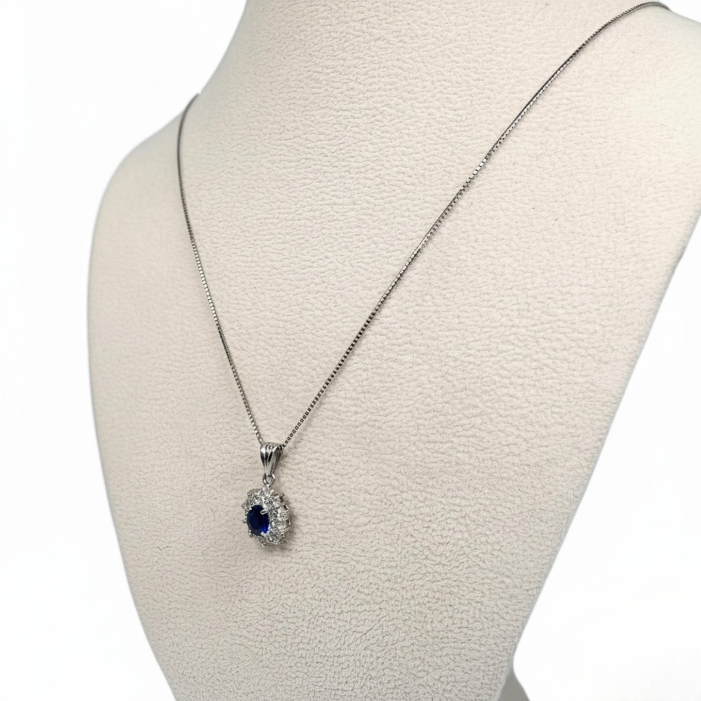 Vintage Sapphire Diamond Platinum Halo Pendant Necklace