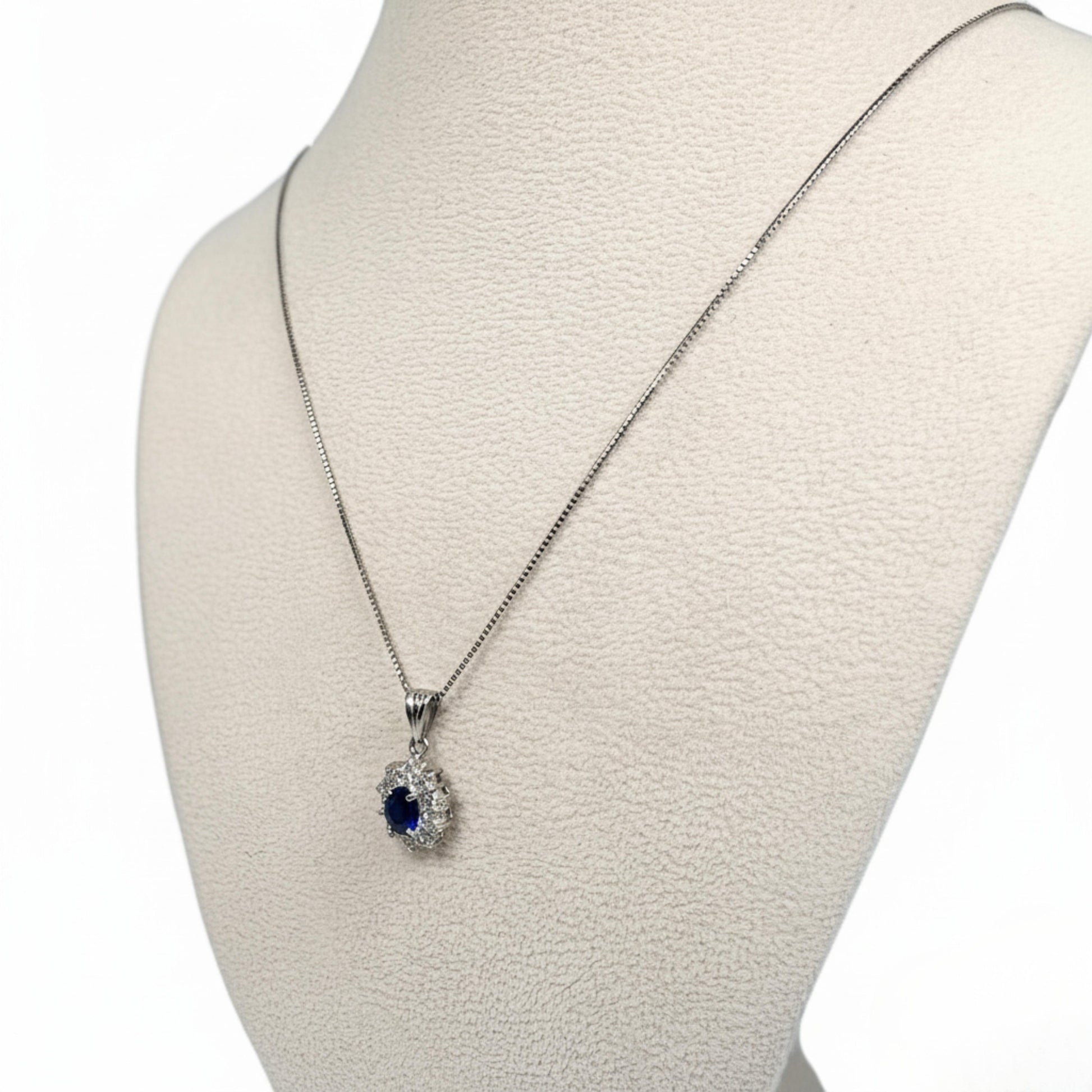 Vintage Sapphire Diamond Platinum Halo Pendant Necklace