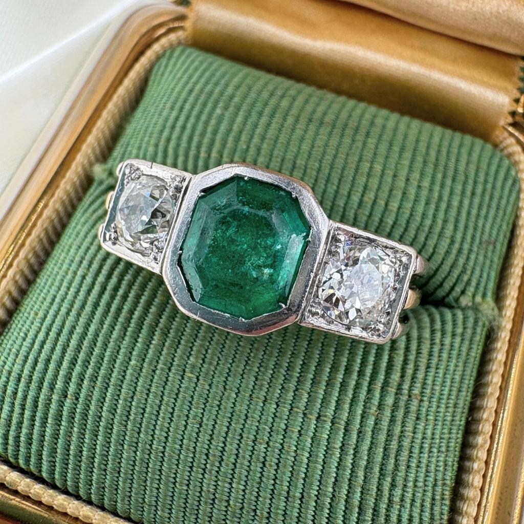 Art Deco Emerald Diamond Platinum 18k Three Stone Ring
