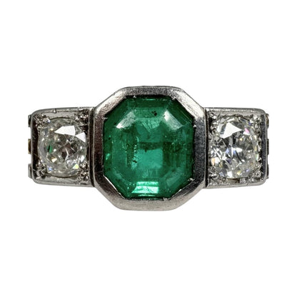 Art Deco Emerald Diamond Platinum 18k Three Stone Ring