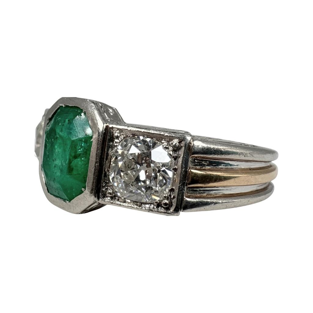 Art Deco Emerald Diamond Platinum 18k Three Stone Ring