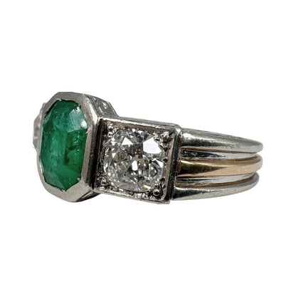 Art Deco Emerald Diamond Platinum 18k Three Stone Ring