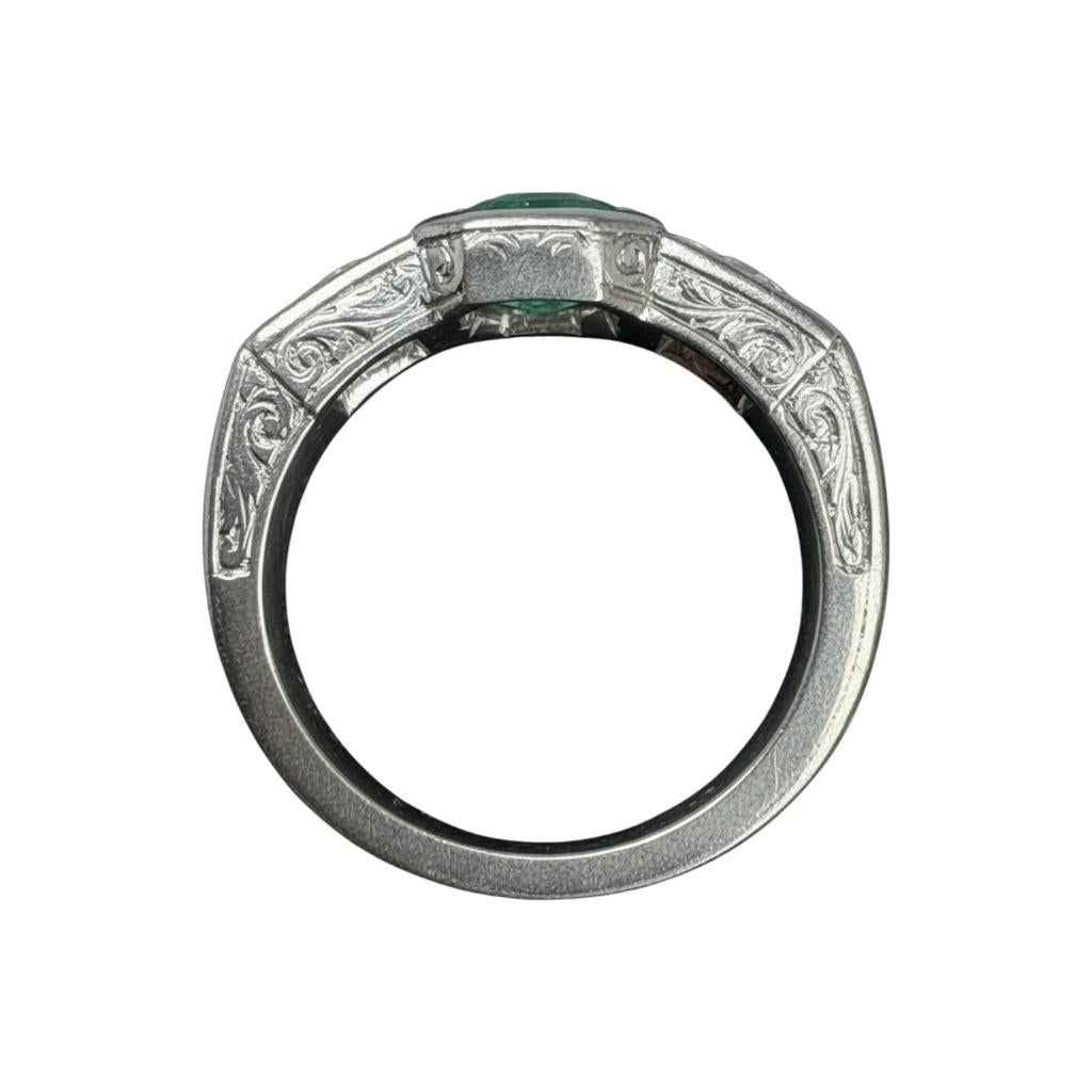 Art Deco Emerald Diamond Platinum 18k Three Stone Ring