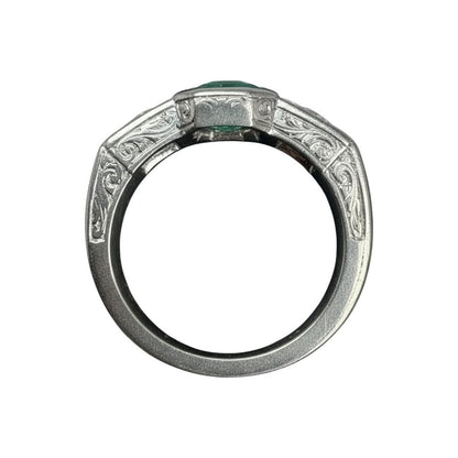 Art Deco Emerald Diamond Platinum 18k Three Stone Ring