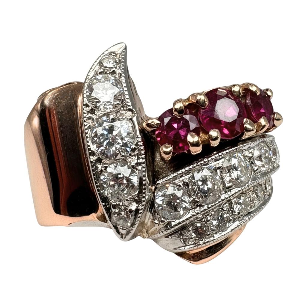 Retro Ruby Diamond 14k Assymetrical Ring