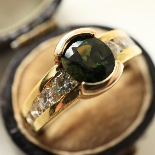Vintage Green Sapphire Diamond 14k Yellow Gold Ring