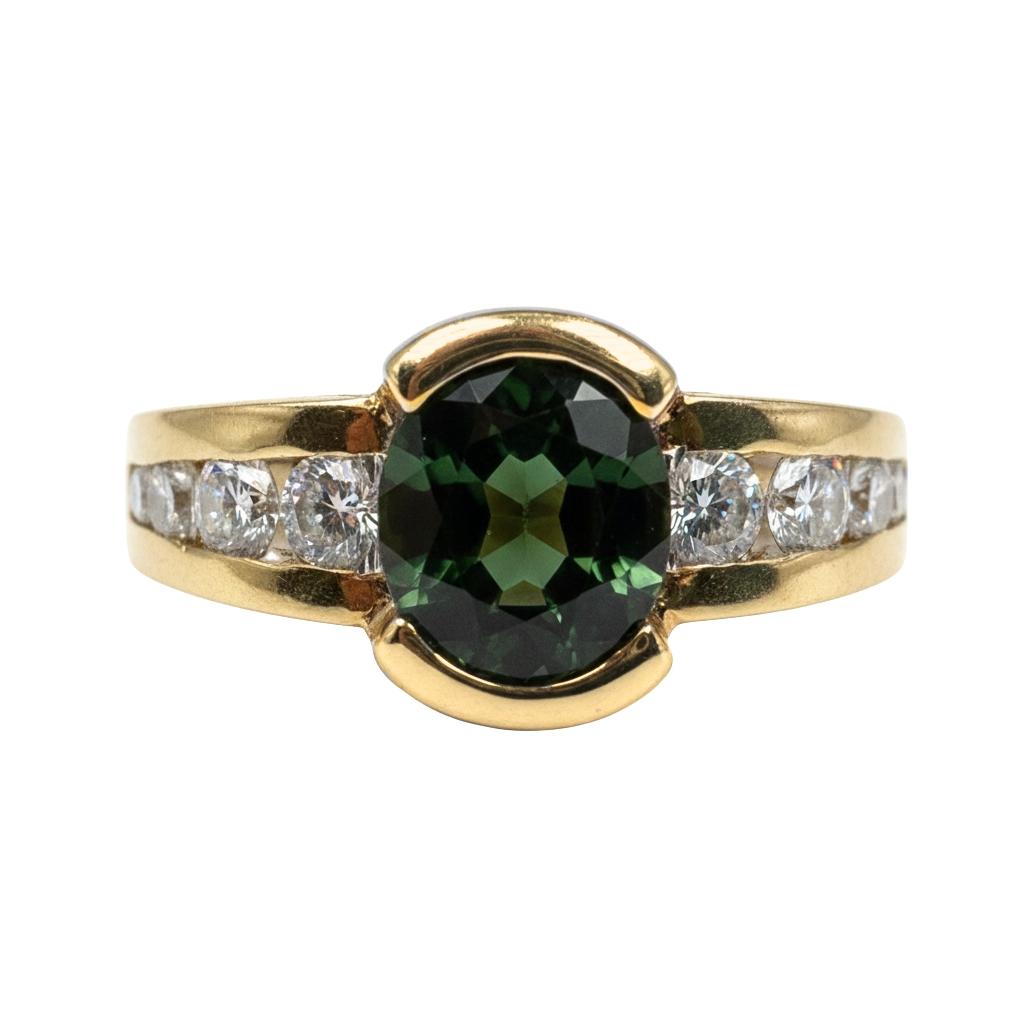 Vintage Green Sapphire Diamond 14k Yellow Gold Ring