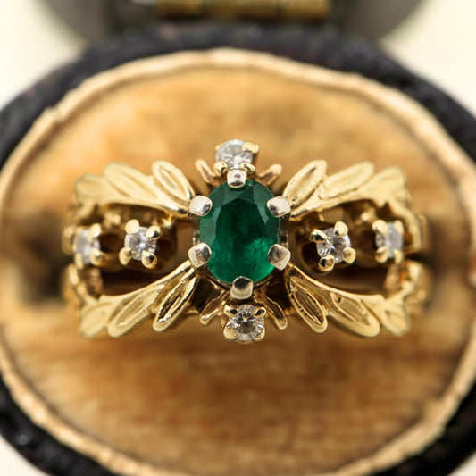 Mid Century Diamond Synthetic Emerald 18k Yellow Gold Ring
